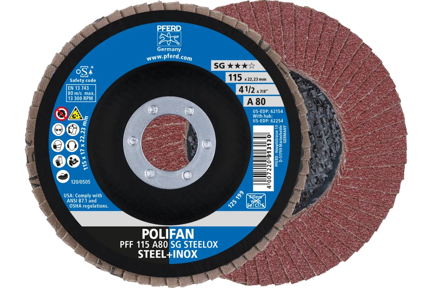 Picture of Pferd Flap Disc, 4-1/2" x 7/8, A SG Steelox, 80 Grit, T27, Flat, Aluminum oxide